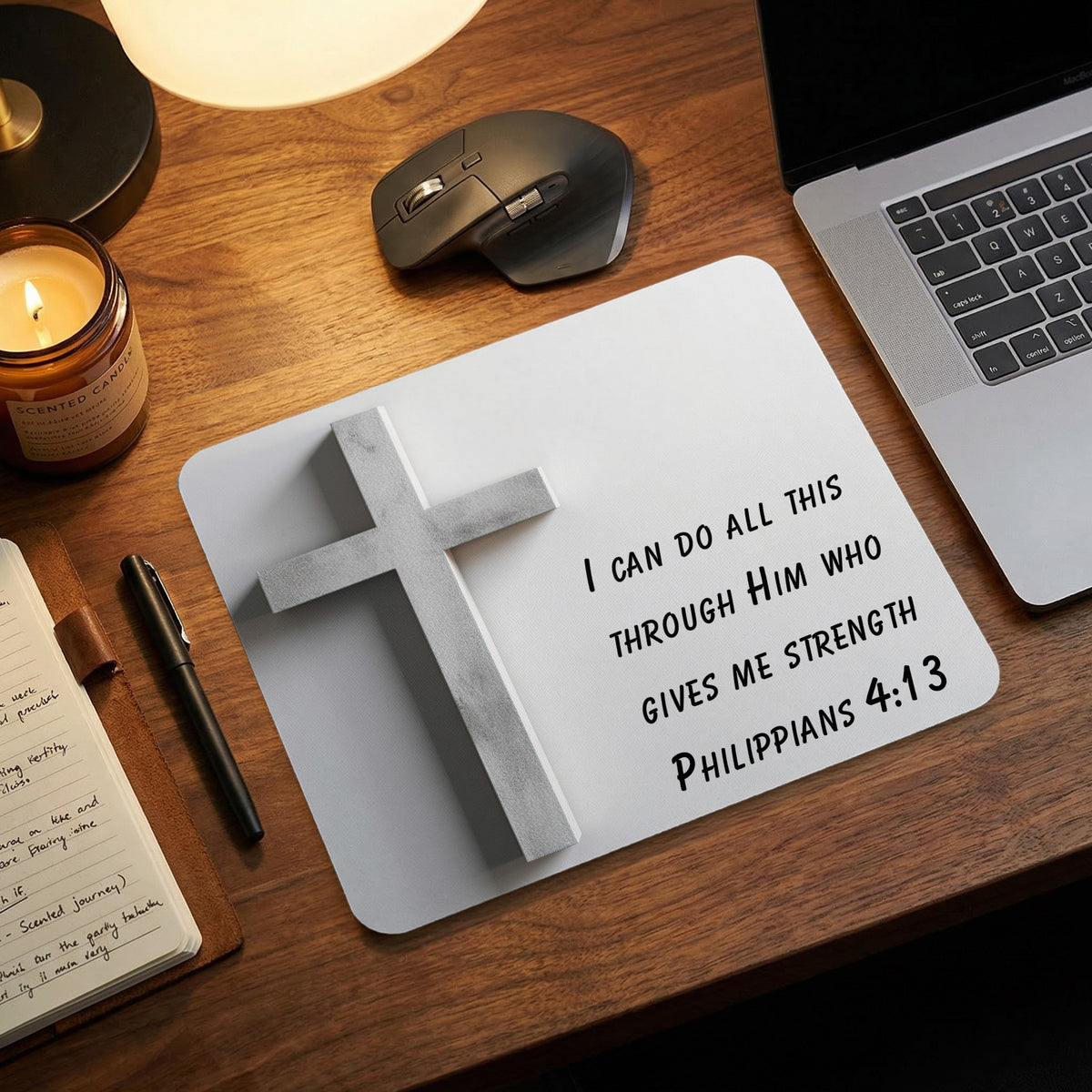 A white mouse pad printed with Philippians 4 13 and a raised cross on a wooden desk.