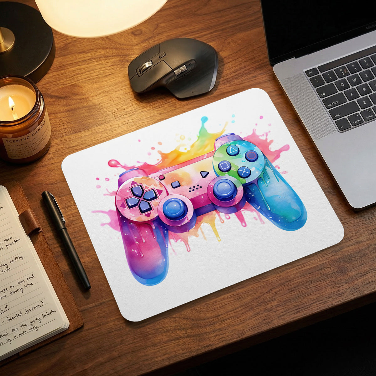 White mousepad featuring a colorful watercolor painting of a gaming controller on a wooden desk.