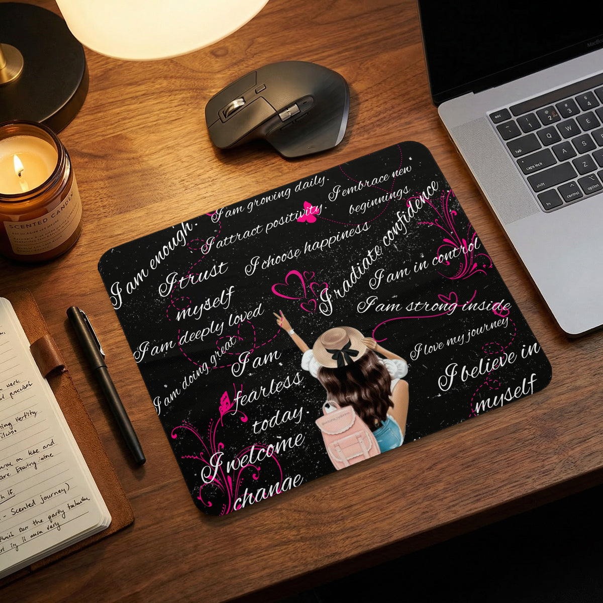 Mousepad with affirmations "I am enough" and a girl with a pink backpack.
