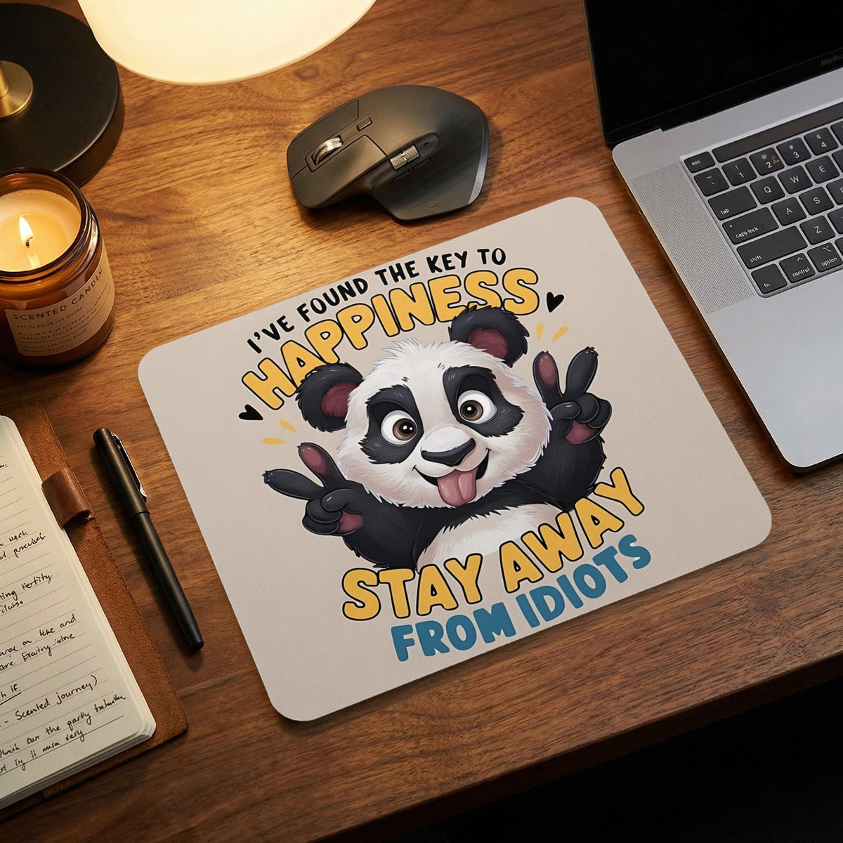 A light-colored mousepad with a cute cartoon panda showing peace signs and the text I've found the key to happiness stay away from idiots.