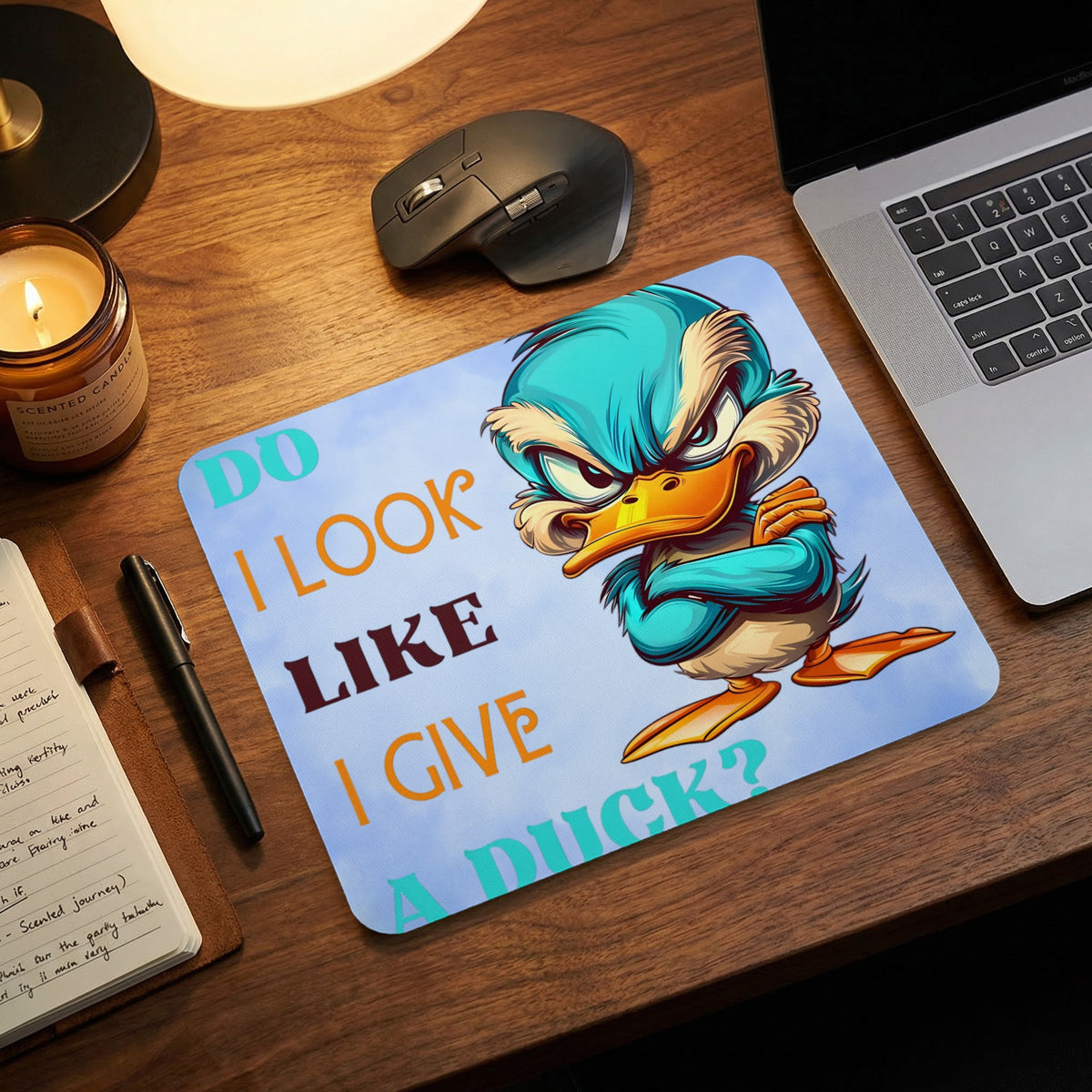 Blue mousepad with an angry cartoon duck illustration and the text Do I look like I give a duck.