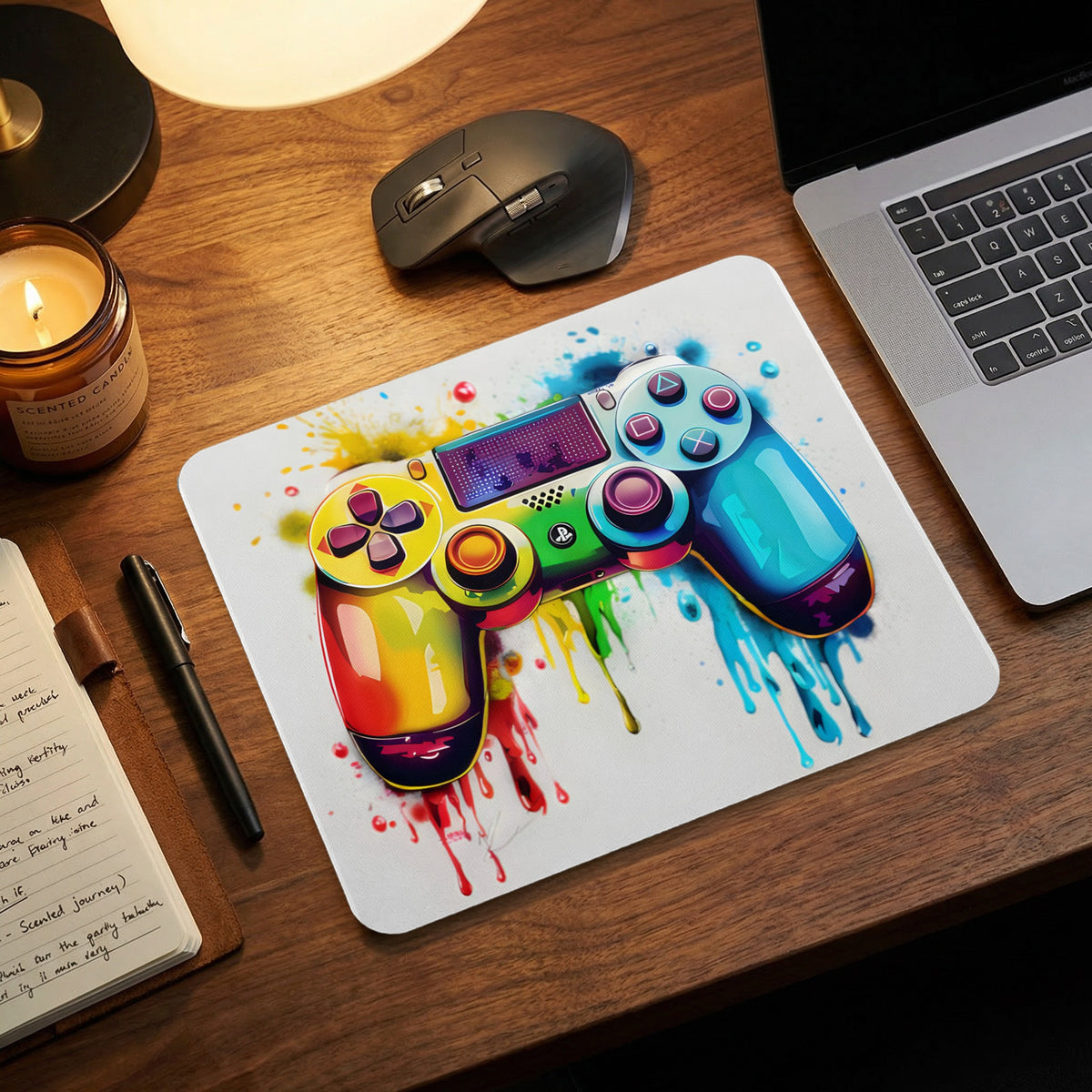 A white mousepad featuring a colorful watercolor painting of a video game controller on a wooden desk.