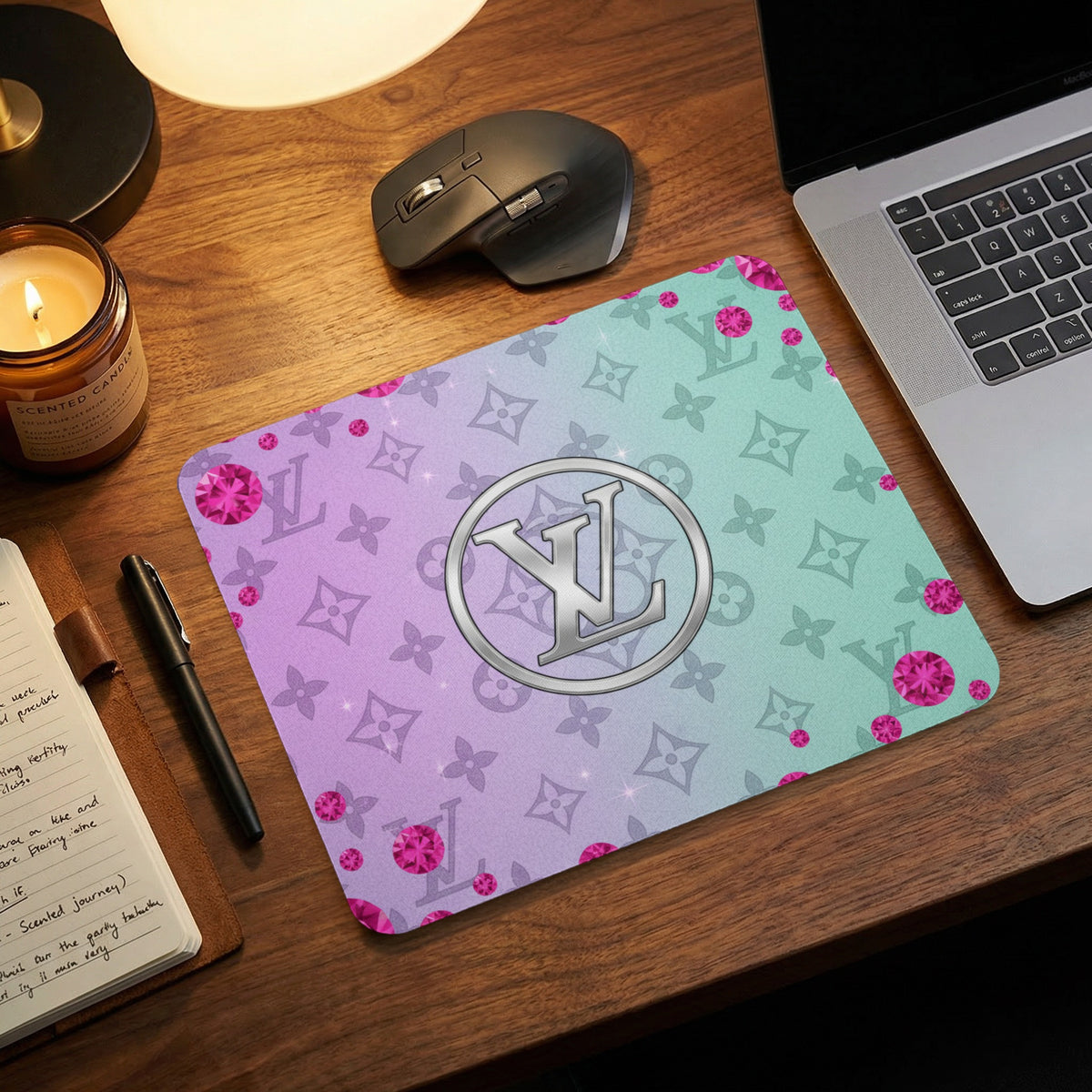 Mousepad with LV monogram pattern, pink diamonds, and gradient background.