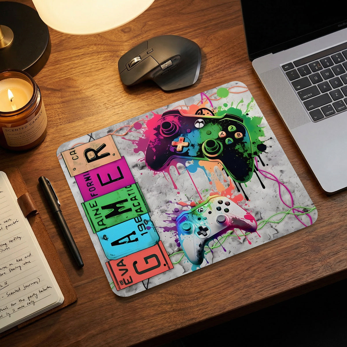 Colorful gaming-themed mouse pad with two controllers and the word gamer on a wooden desk.