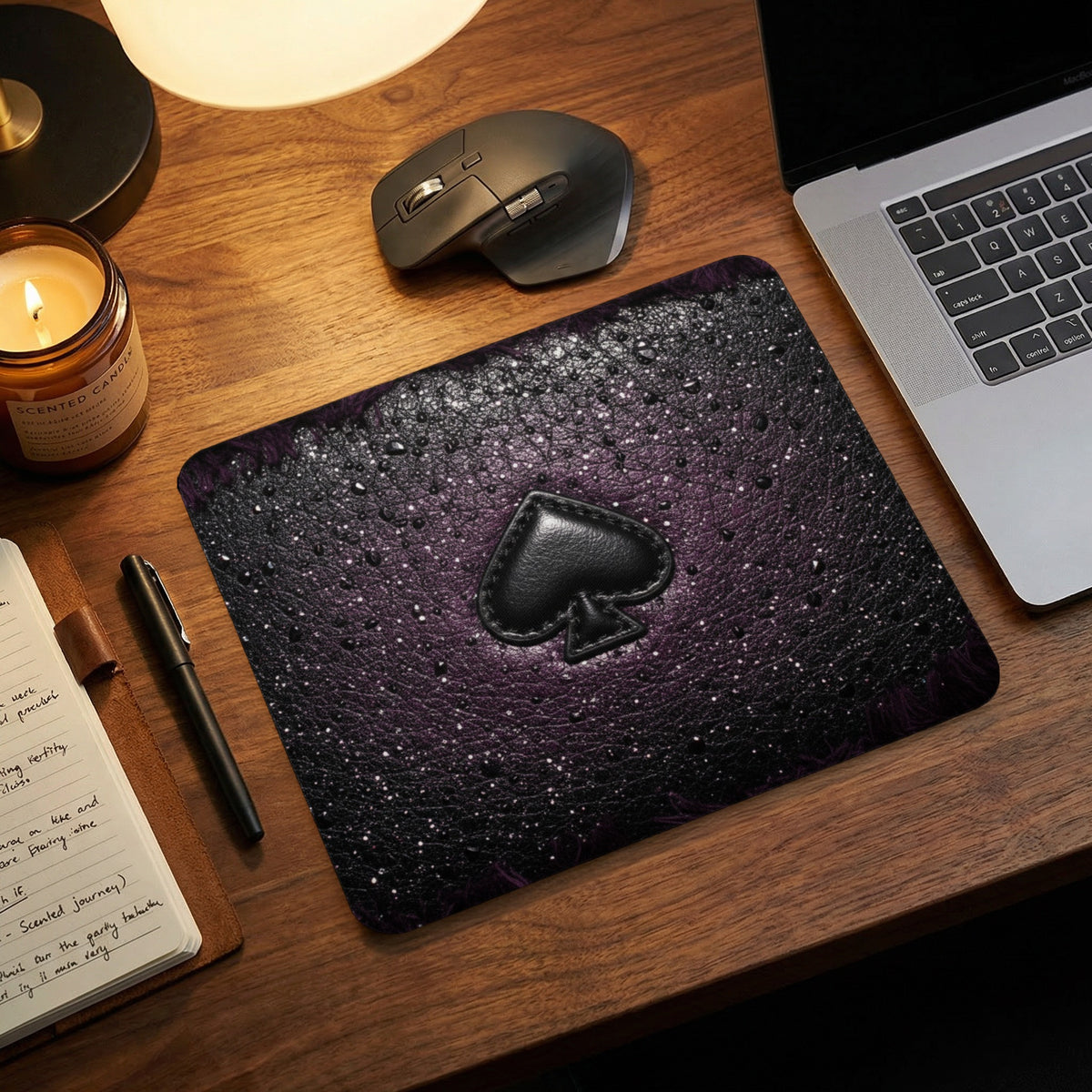 Black mousepad with a spade symbol on textured purple and black background.