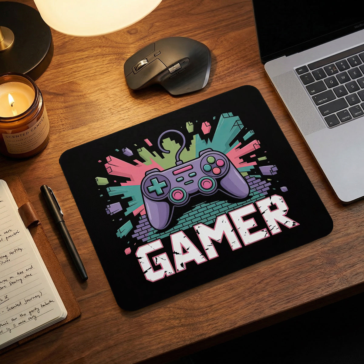 Black mousepad featuring a purple video game controller and the word GAMER on a wooden desk.