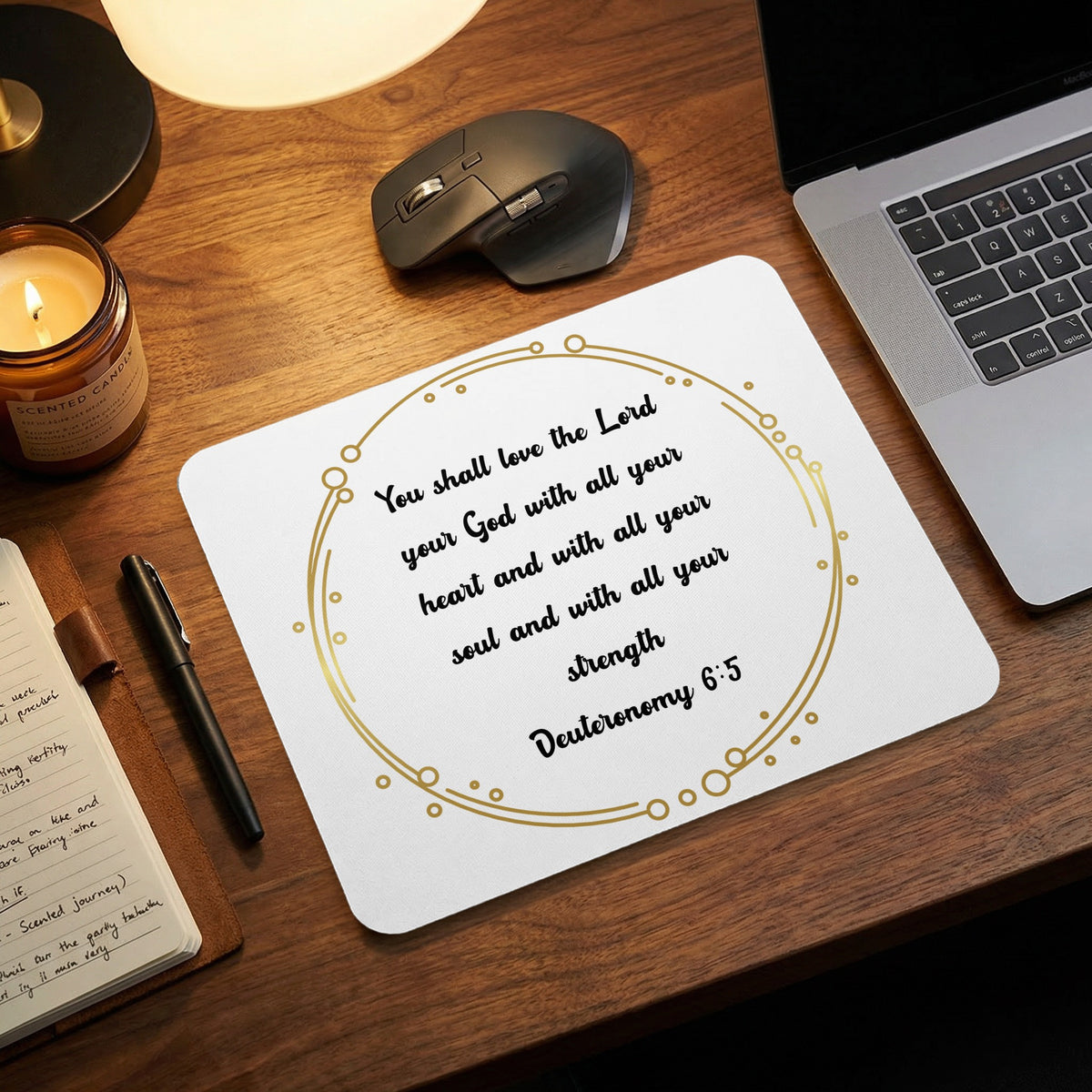 A rectangular white mousepad printed with Deuteronomy 6:5 rests on a wooden desk alongside a laptop.