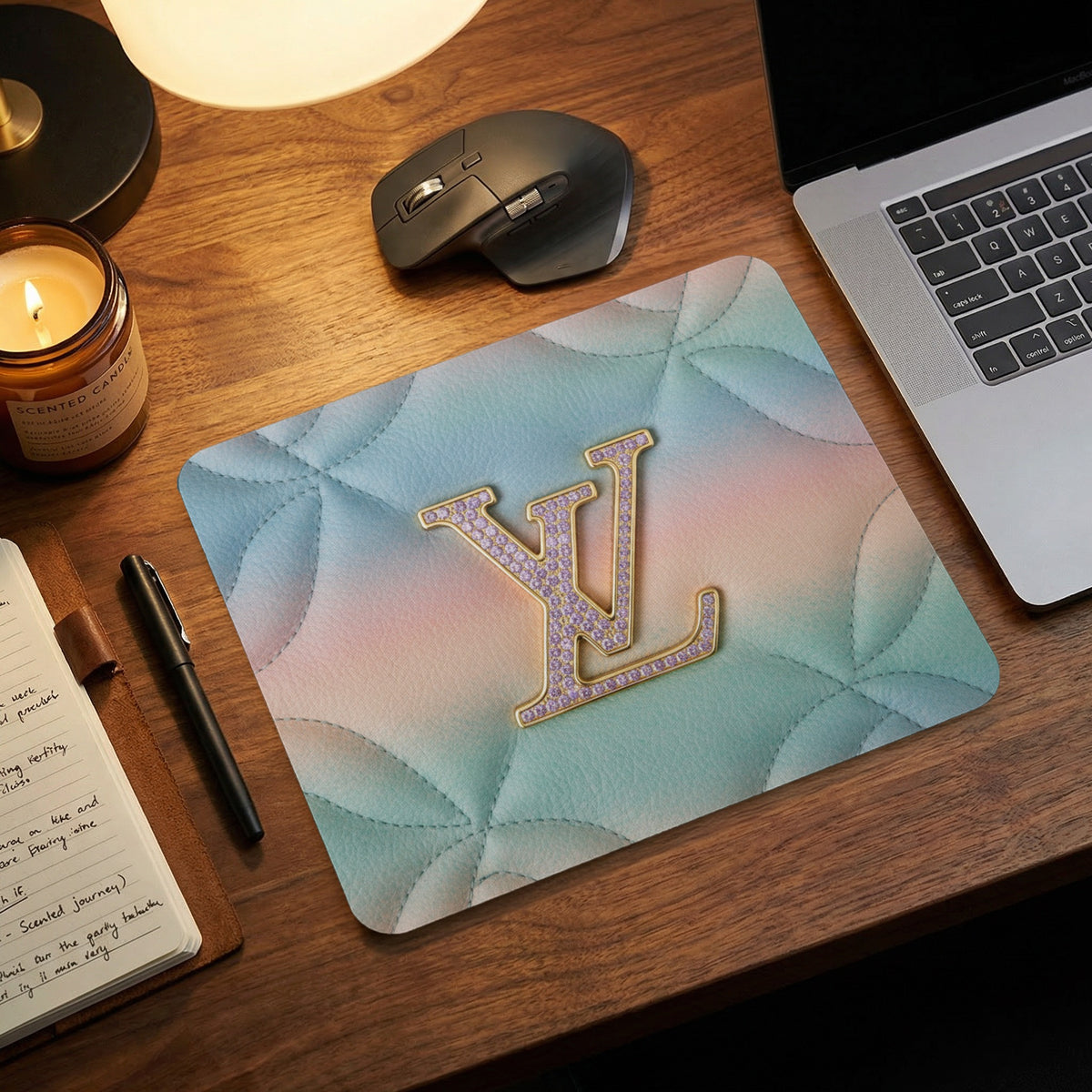 Mousepad with quilted pastel pattern and golden V logo with rhinestones.