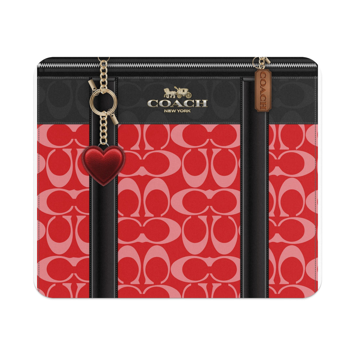 Coach canvas wallet with red C logo pattern and heart charm.