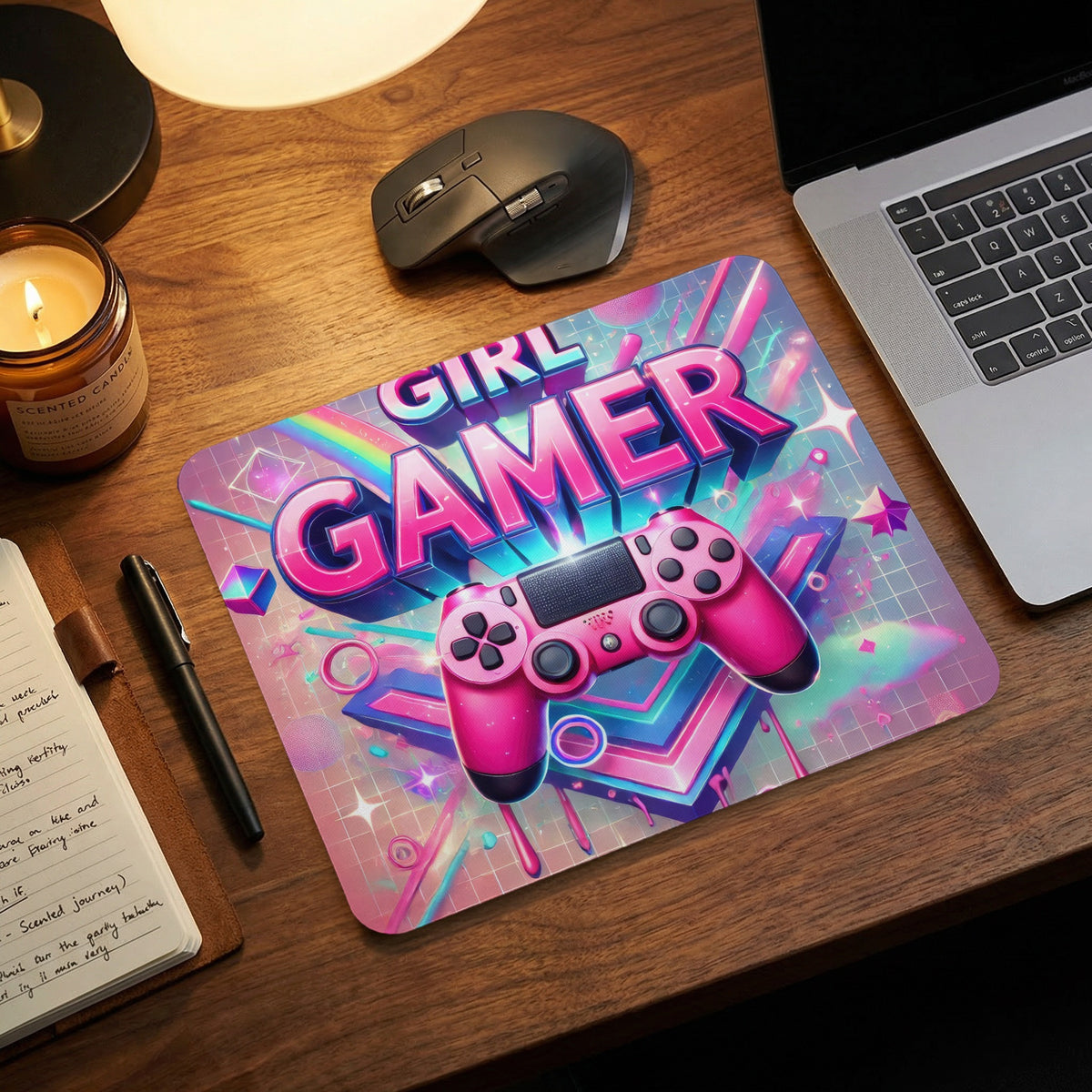A pink desk pad featuring the text Girl Gamer and a video game controller on a wooden desk.