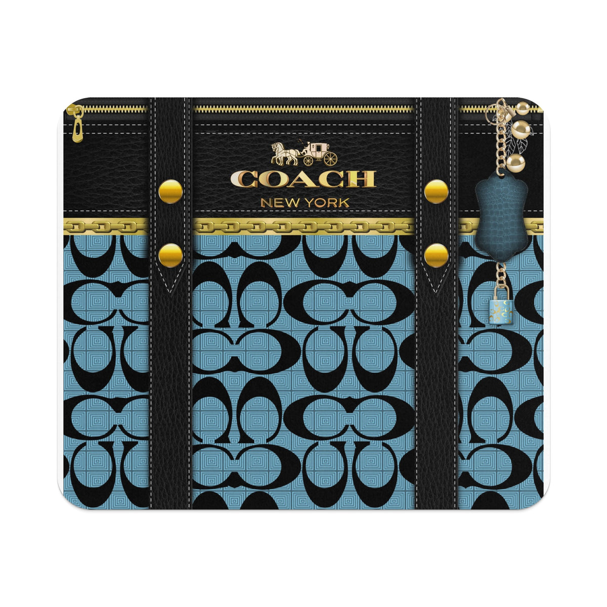 Coach pattern case with gold hardware and a blue crocodile-textured charm.