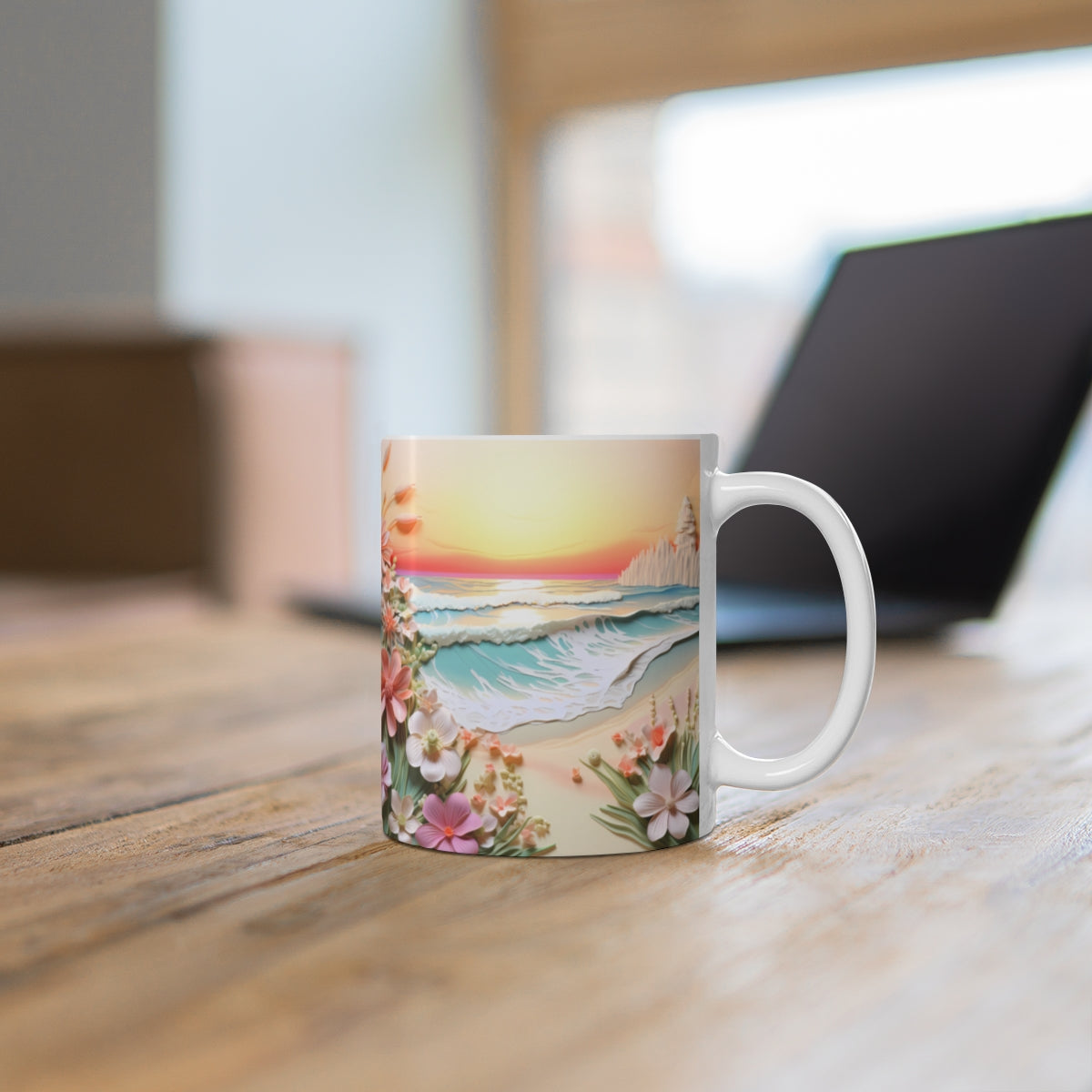 Vibrant Beach Sunset With Floral Design Mug