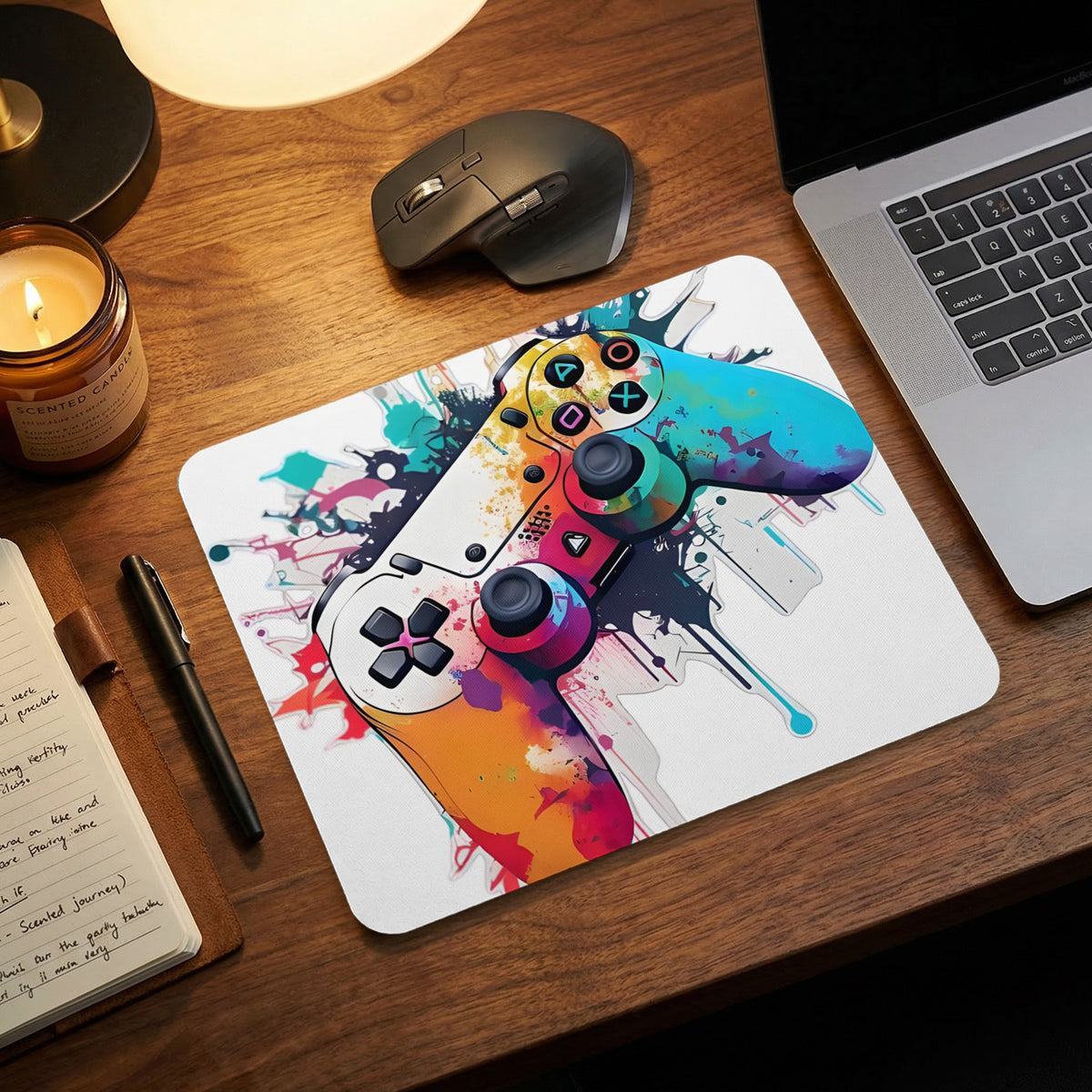 A white mousepad featuring a colorful watercolor painting of a video game controller sits on a wooden desk.