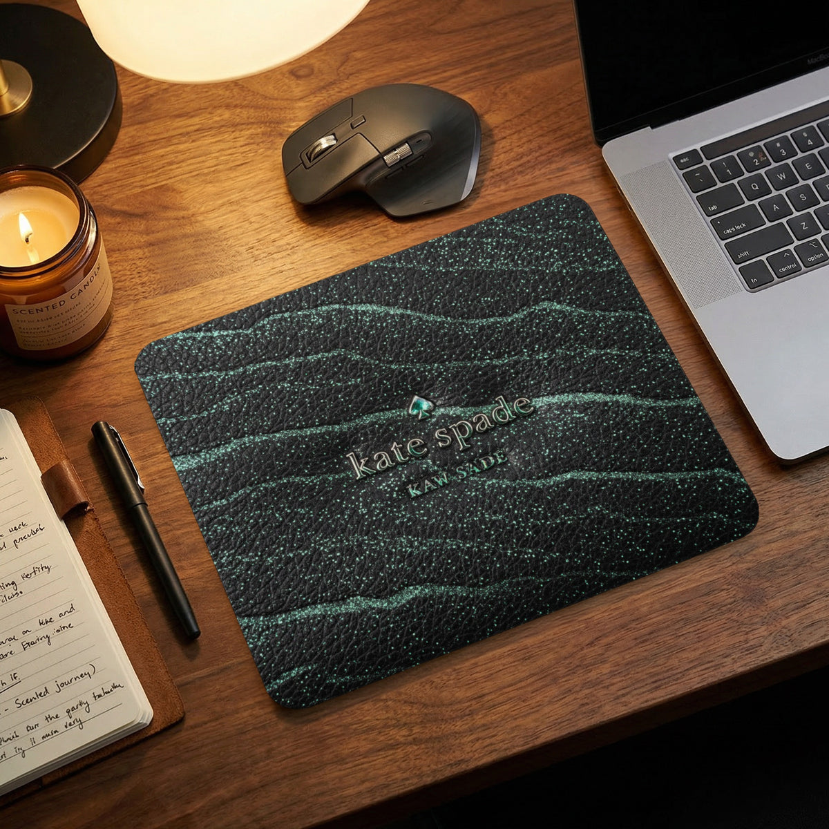 Kate Spade mousepad with textured black and green sparkle design.
