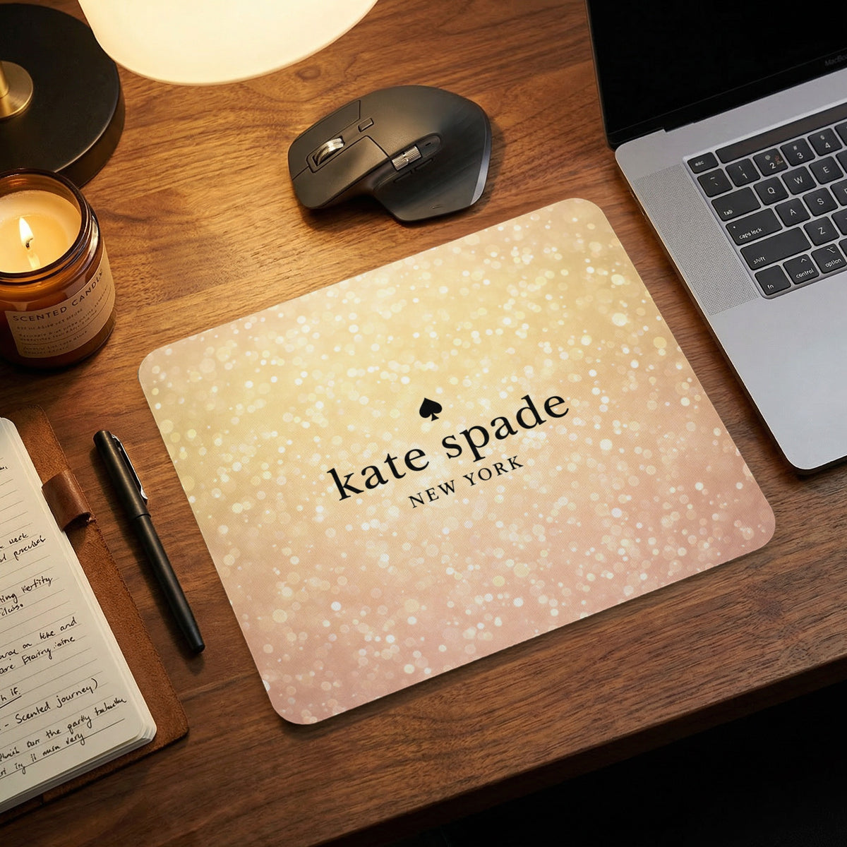Kate Spade New York mousepad with sparkling gradient and black spade logo.