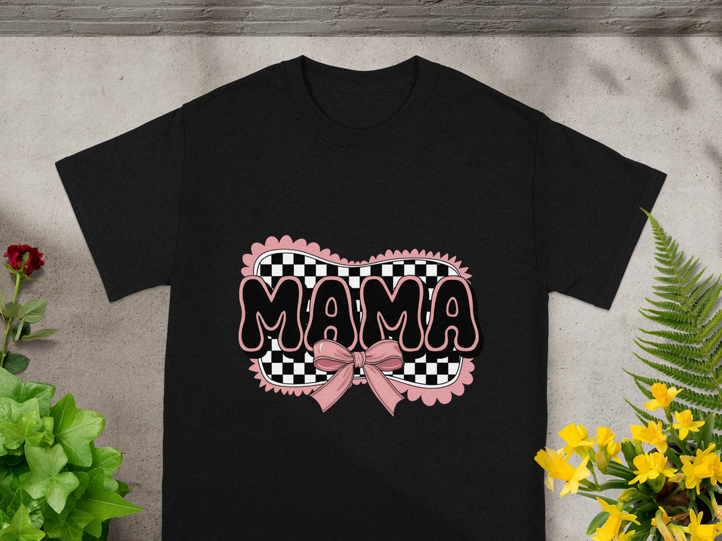 Graphic Mama T-shirt with Pink Bow and Checkerboard Design
