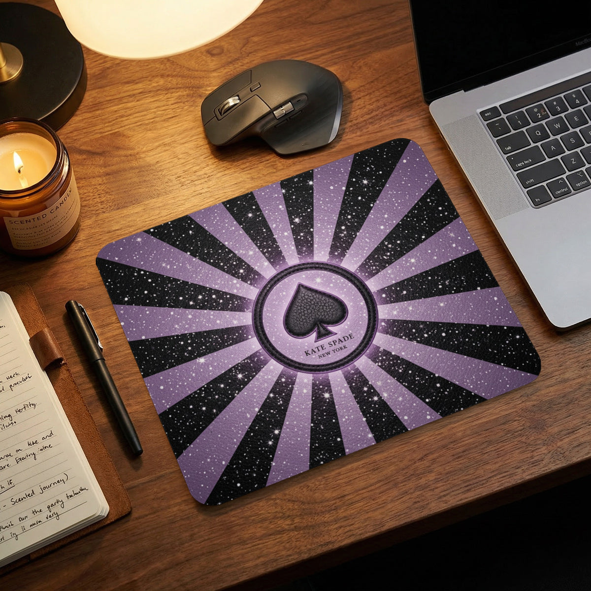 Kate Spade New York mousepad with spade logo and purple black sunburst.
