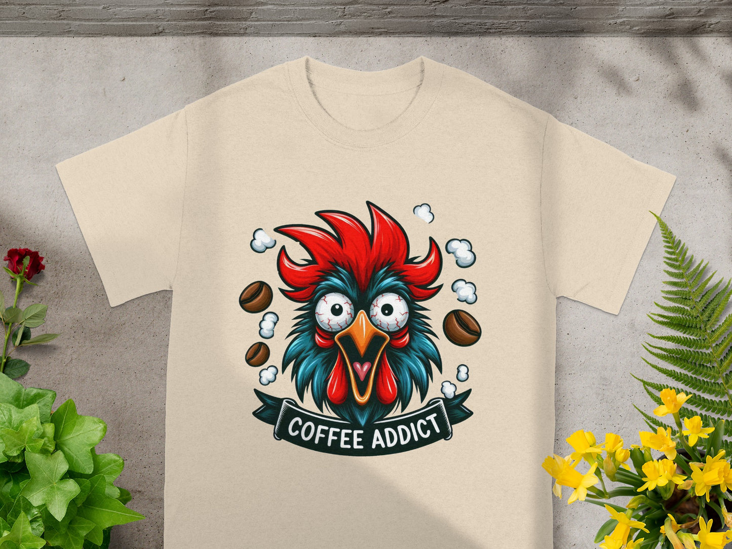 Coffee Addict Rooster Funny Graphic T-Shirt