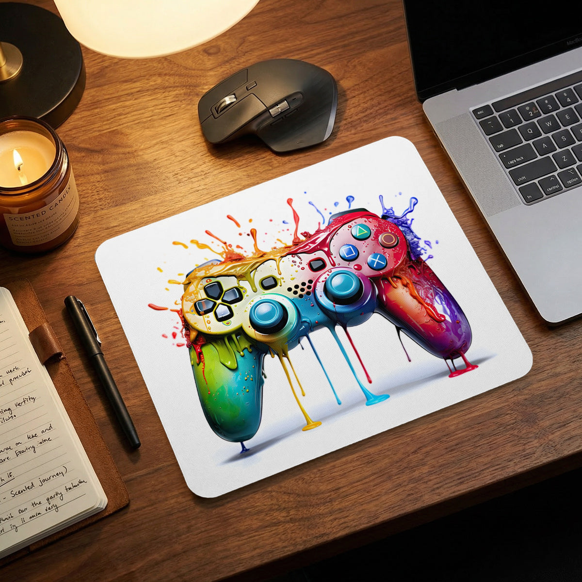 A white mouse pad featuring a vibrant, multicolored paint-splattered game controller design on a wooden desk.
