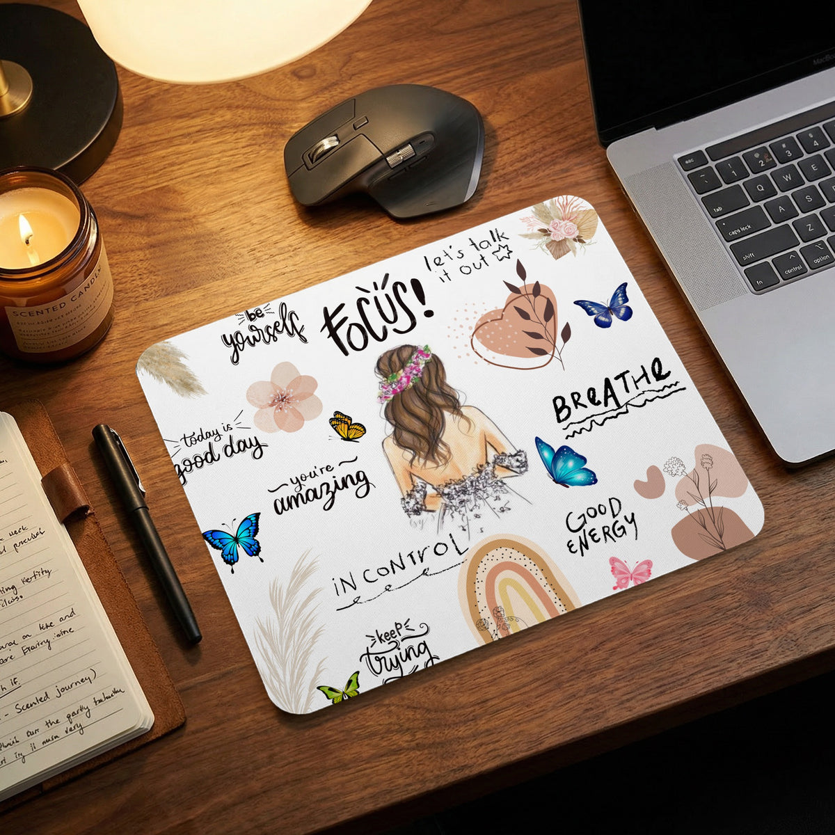 Mousepad with "Be yourself focus" and motivational quotes with butterflies and floral designs.