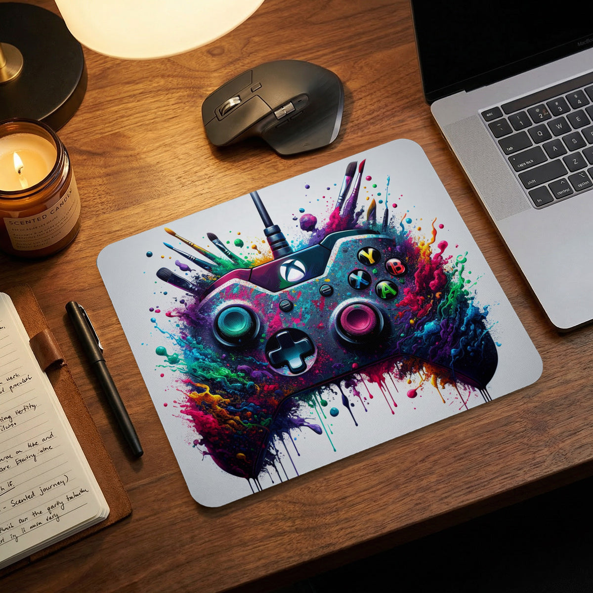 An overhead view of a desk featuring a white mousepad with a colorful, paint-splashed gaming controller design.
