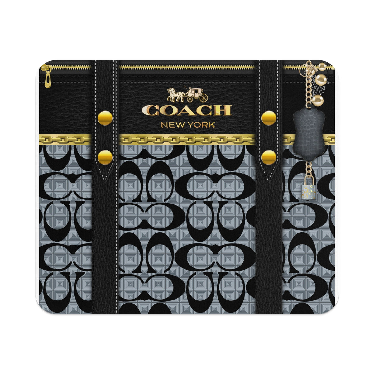 Coach New York pattern with leather straps, gold zipper, and keychain.