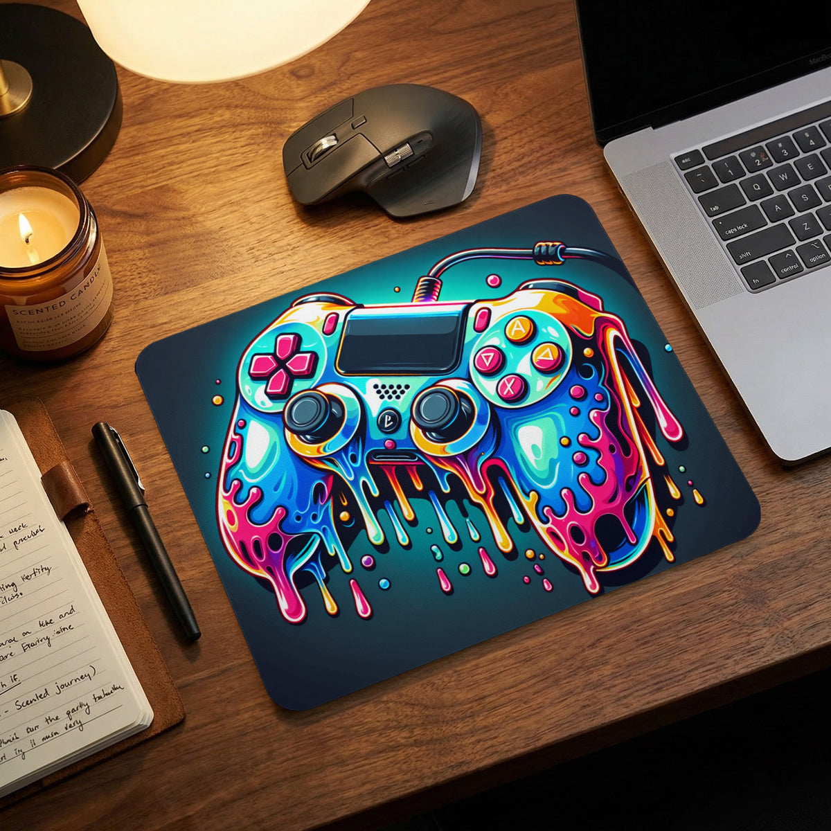 A gaming mouse pad featuring a colorful, melting game controller illustration on a wooden desk next to a laptop, mouse, and notebook.