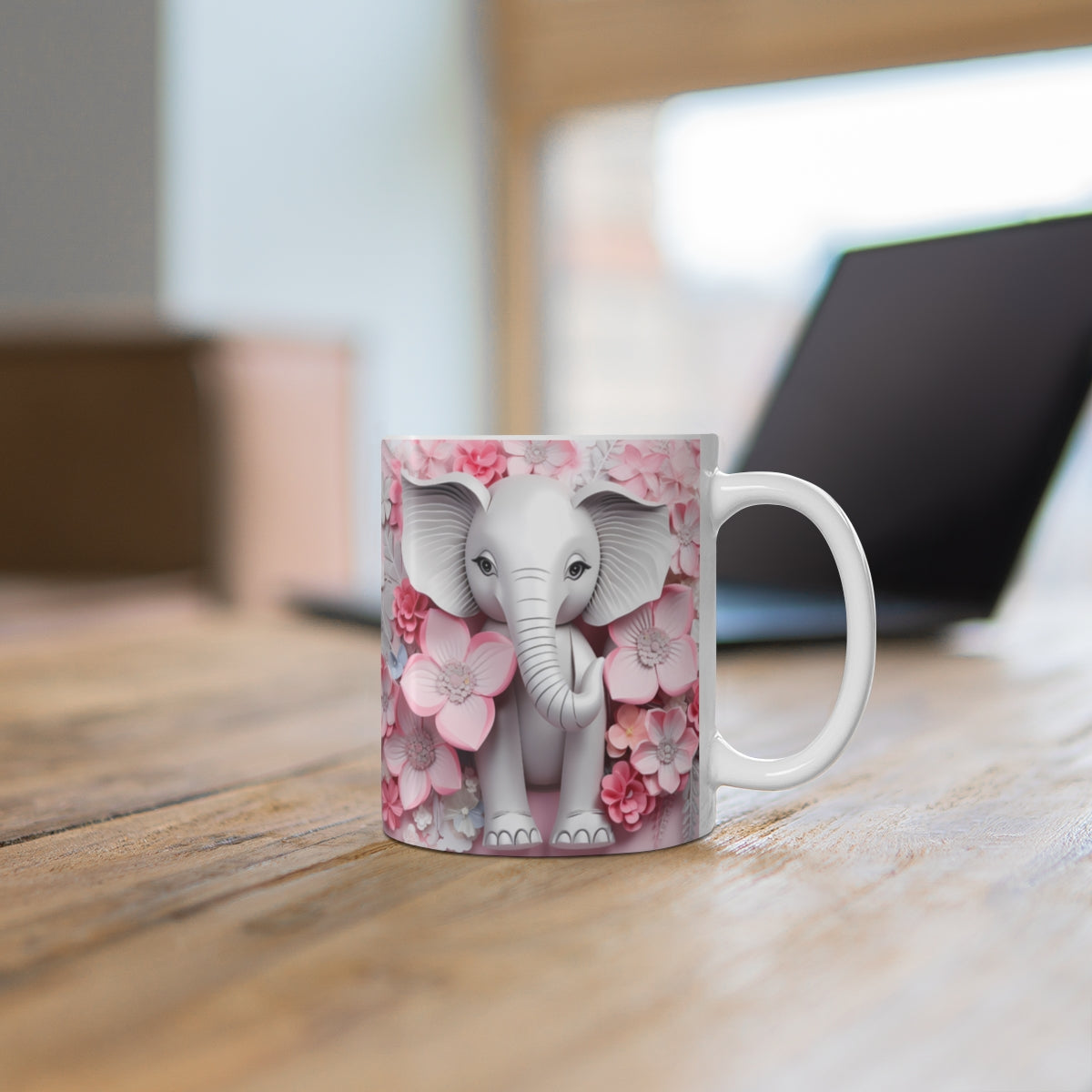 Adorable Baby Elephant Surrounded by Pink Flowers Mug