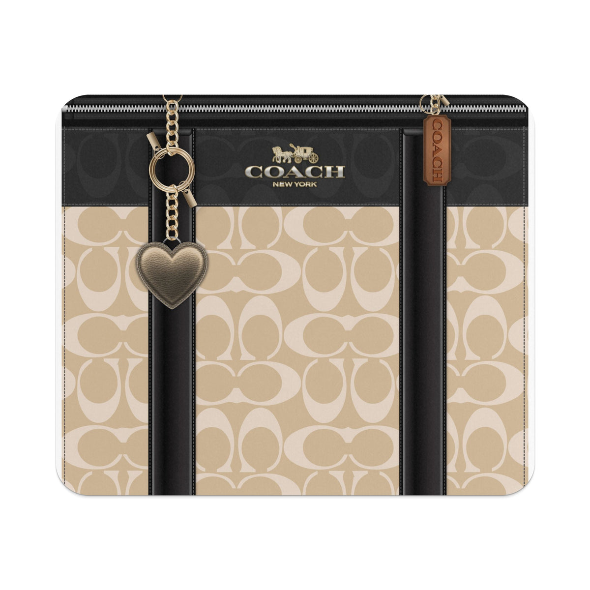 Coach monogram print bag with heart charm and gold hardware.