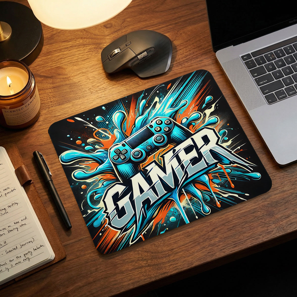 A rectangular mousepad featuring abstract blue and orange splashes with a game controller and the word GAMER.