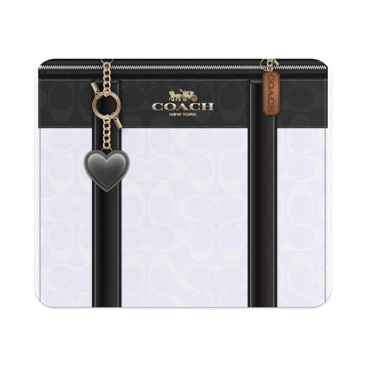 Coach black and white signature print pouch with heart charm and gold hardware.