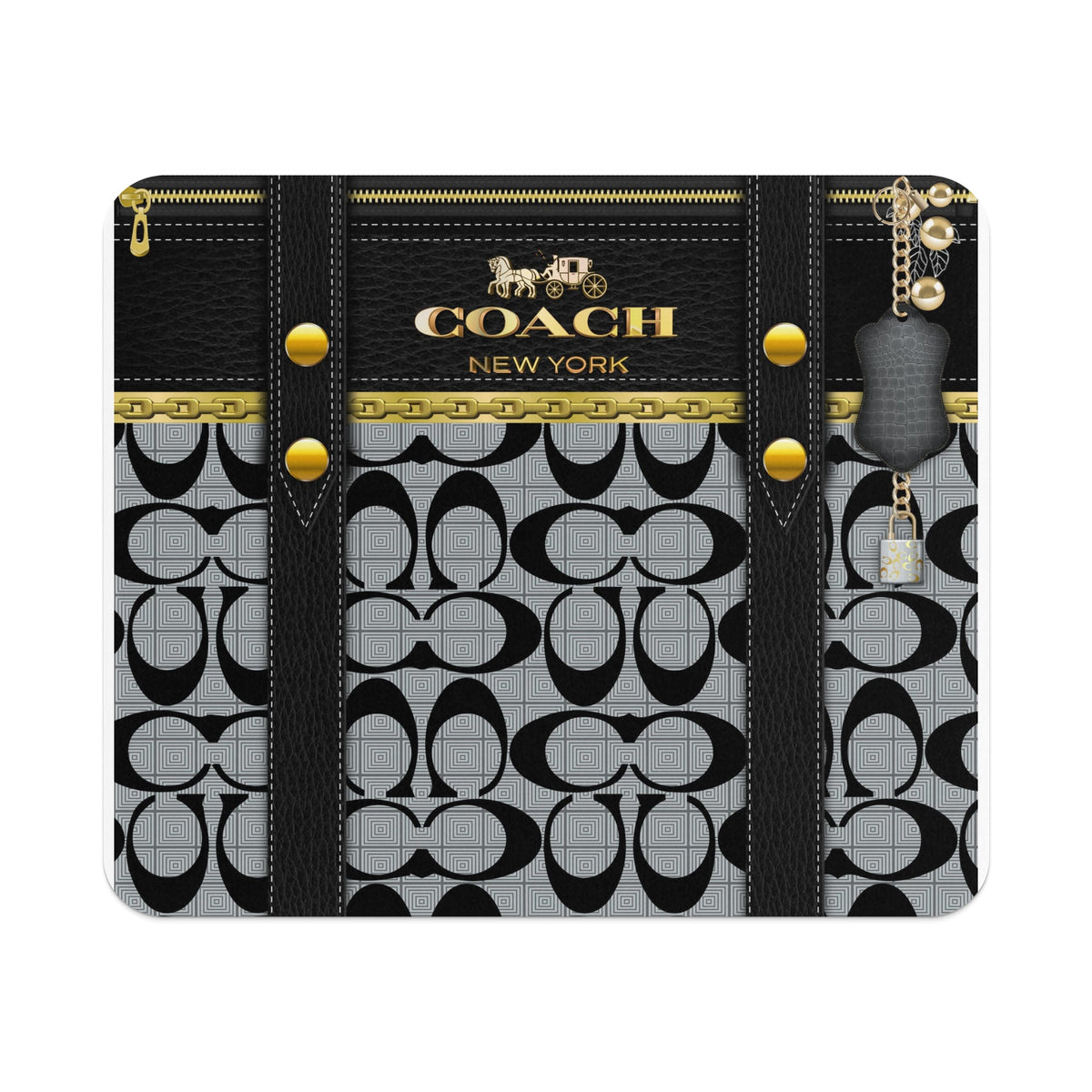 Coach New York pattern with black leather straps, gold zipper, and keyring with lock charm.
