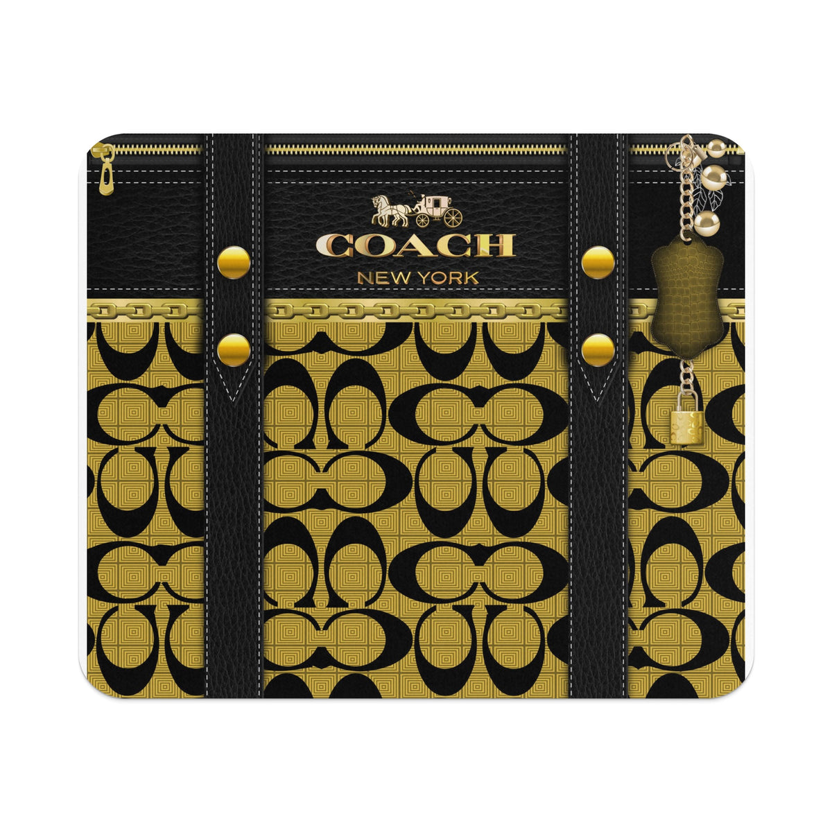 Coach New York logo with black leather straps, gold chain, and charm on monogrammed background.