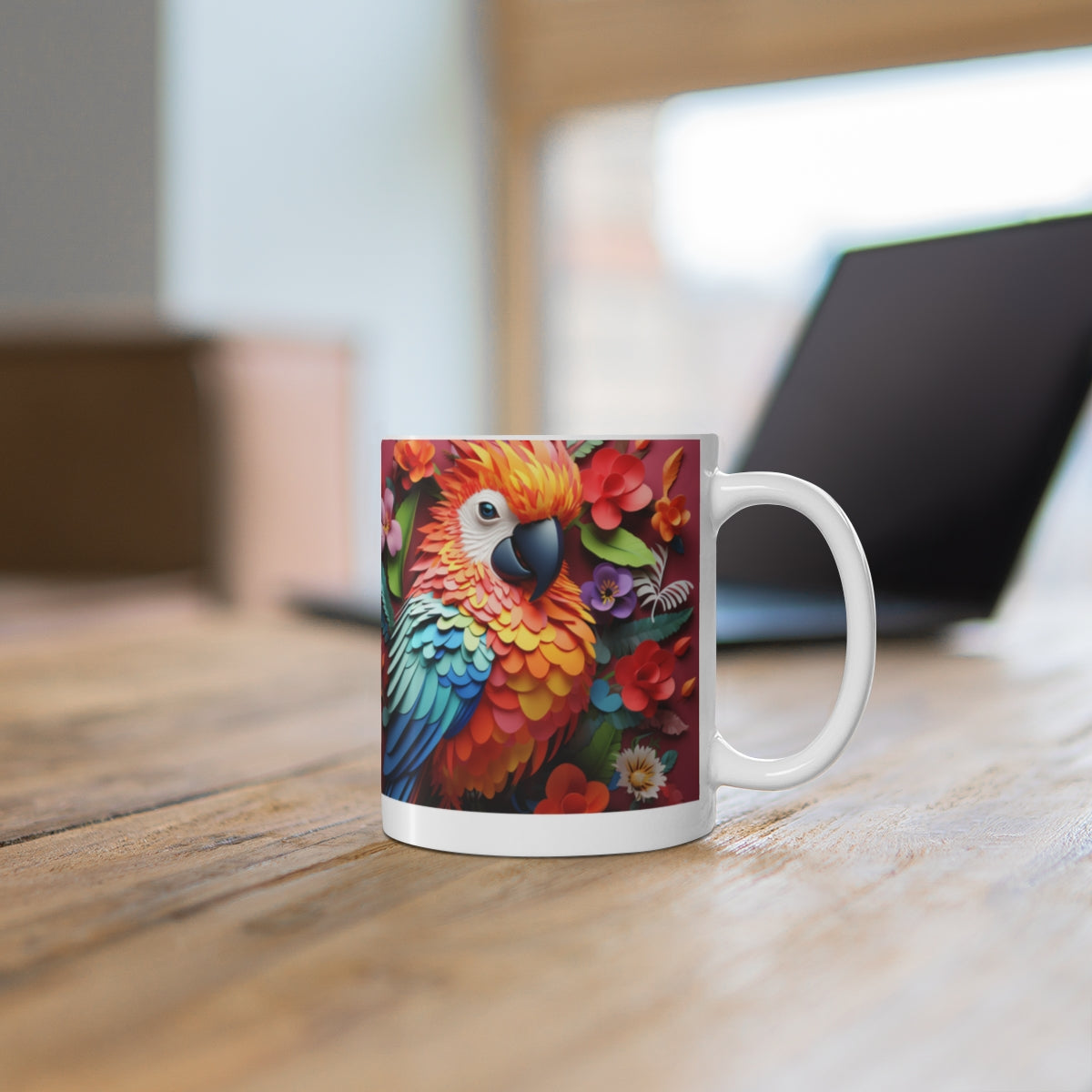 Colorful Parrot with Vibrant Flowers Coffee Mug