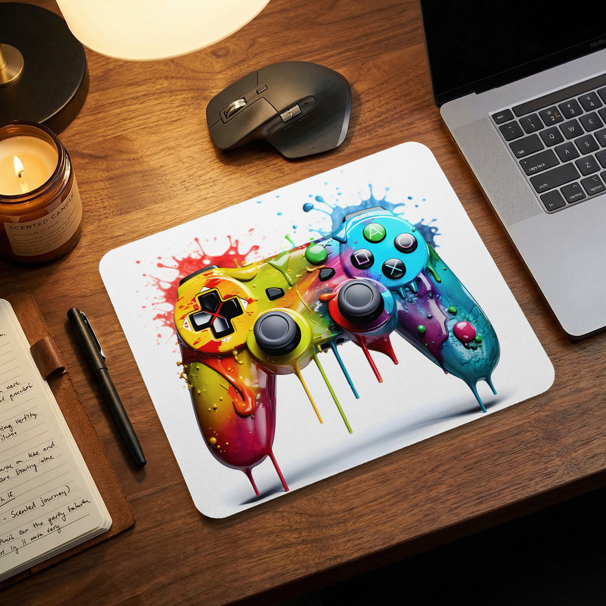 A desk with a laptop, a mouse, a notebook, and a colorful gamepad mousepad.