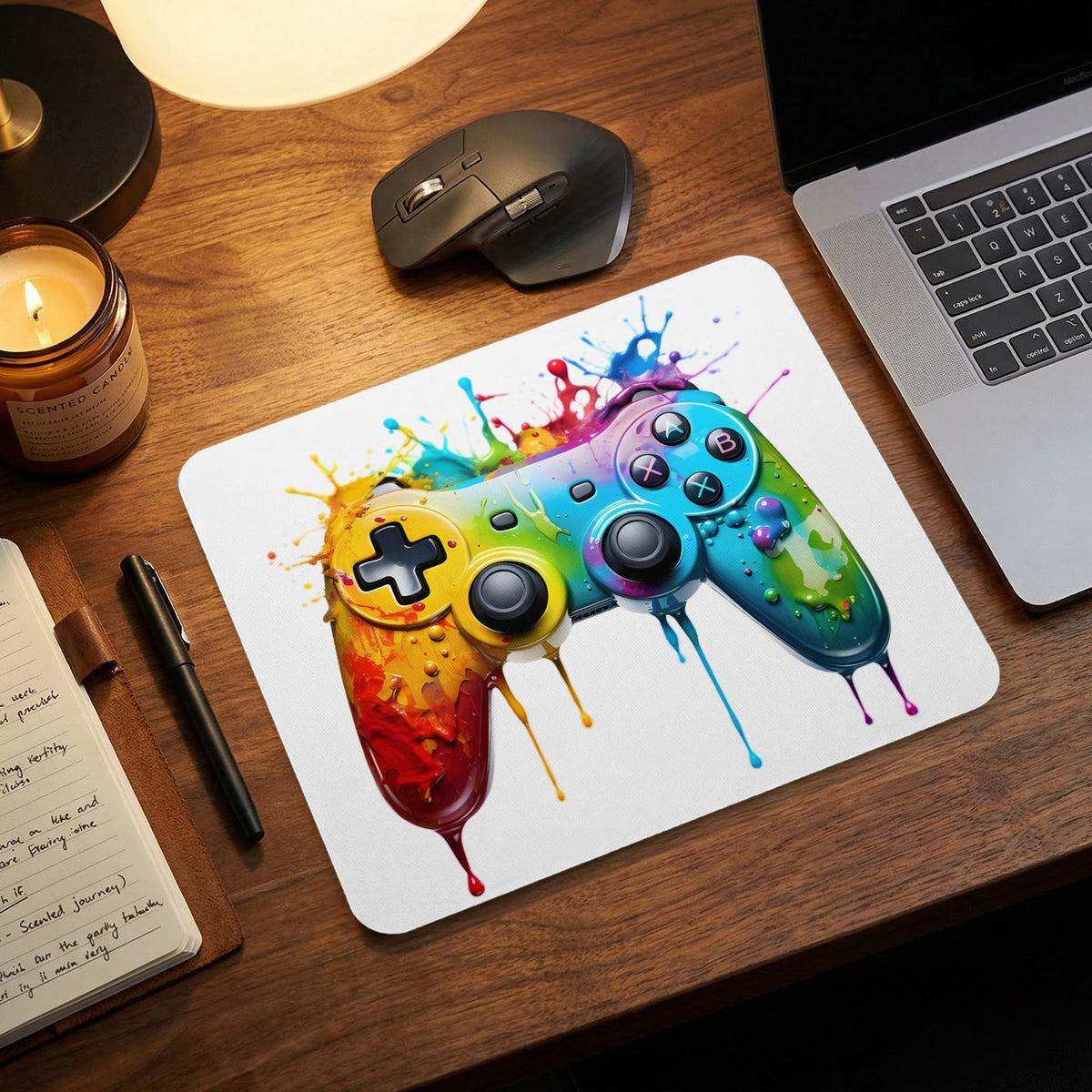A white mousepad featuring a colorful, paint-splattered video game controller rests on a wooden desk.