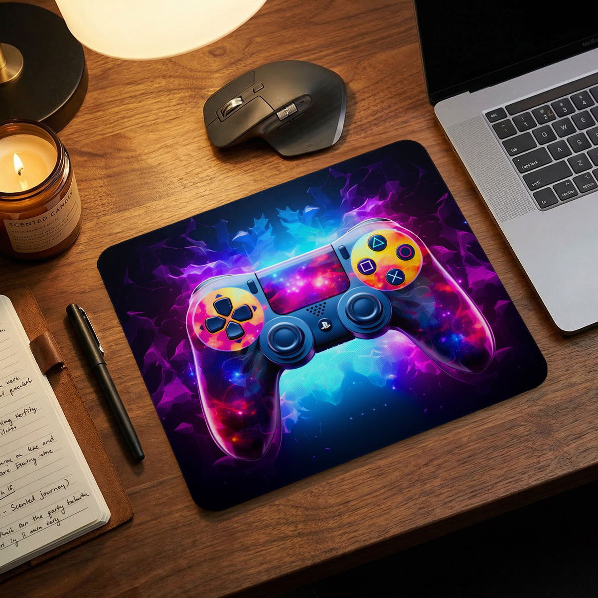A rectangular mousepad featuring a vibrant cosmic gaming controller graphic lies on a wooden desk.