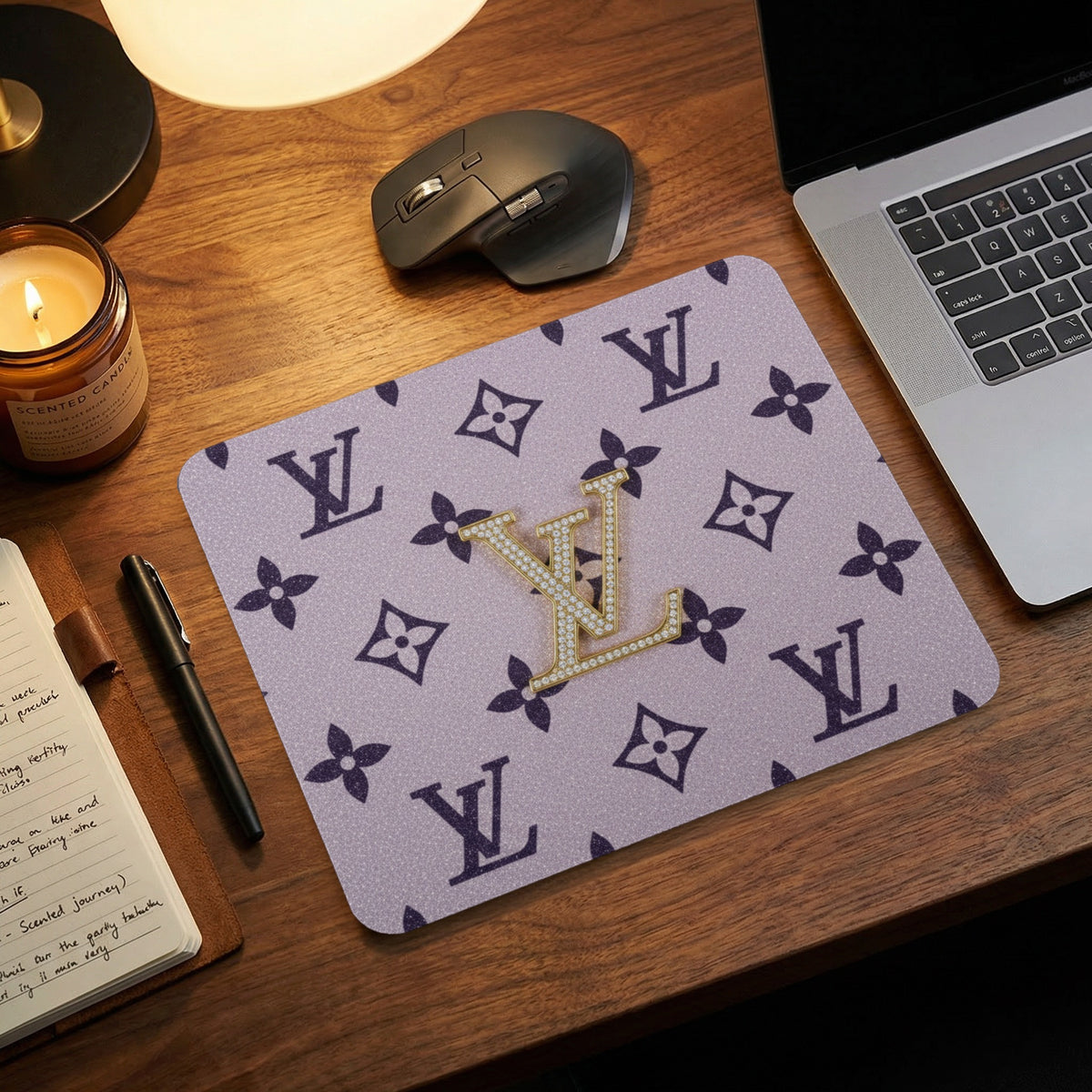 Mousepad with dark purple LV pattern and gold diamond LV logo.