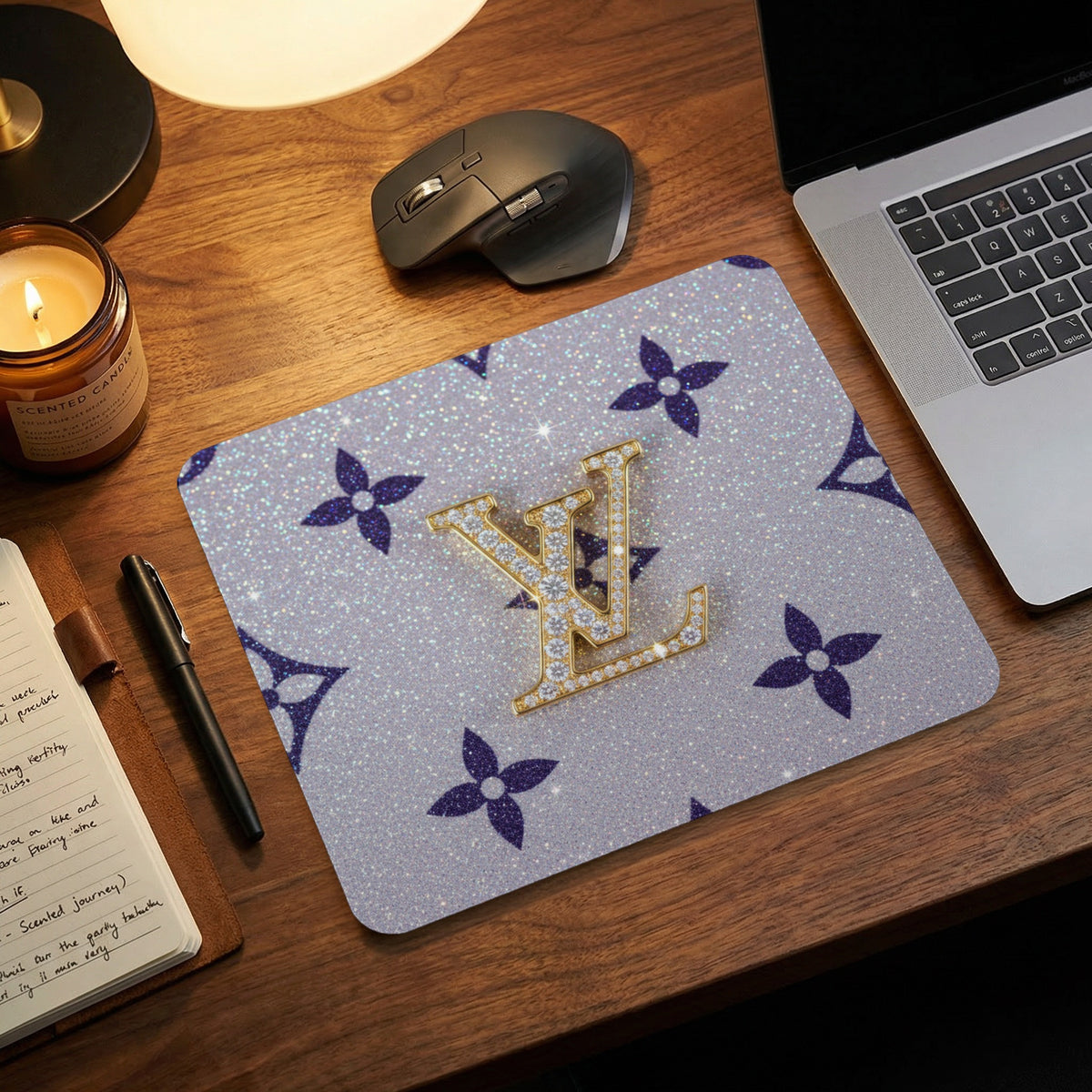 Mousepad with glittery purple floral pattern and gold diamond-encrusted logo.