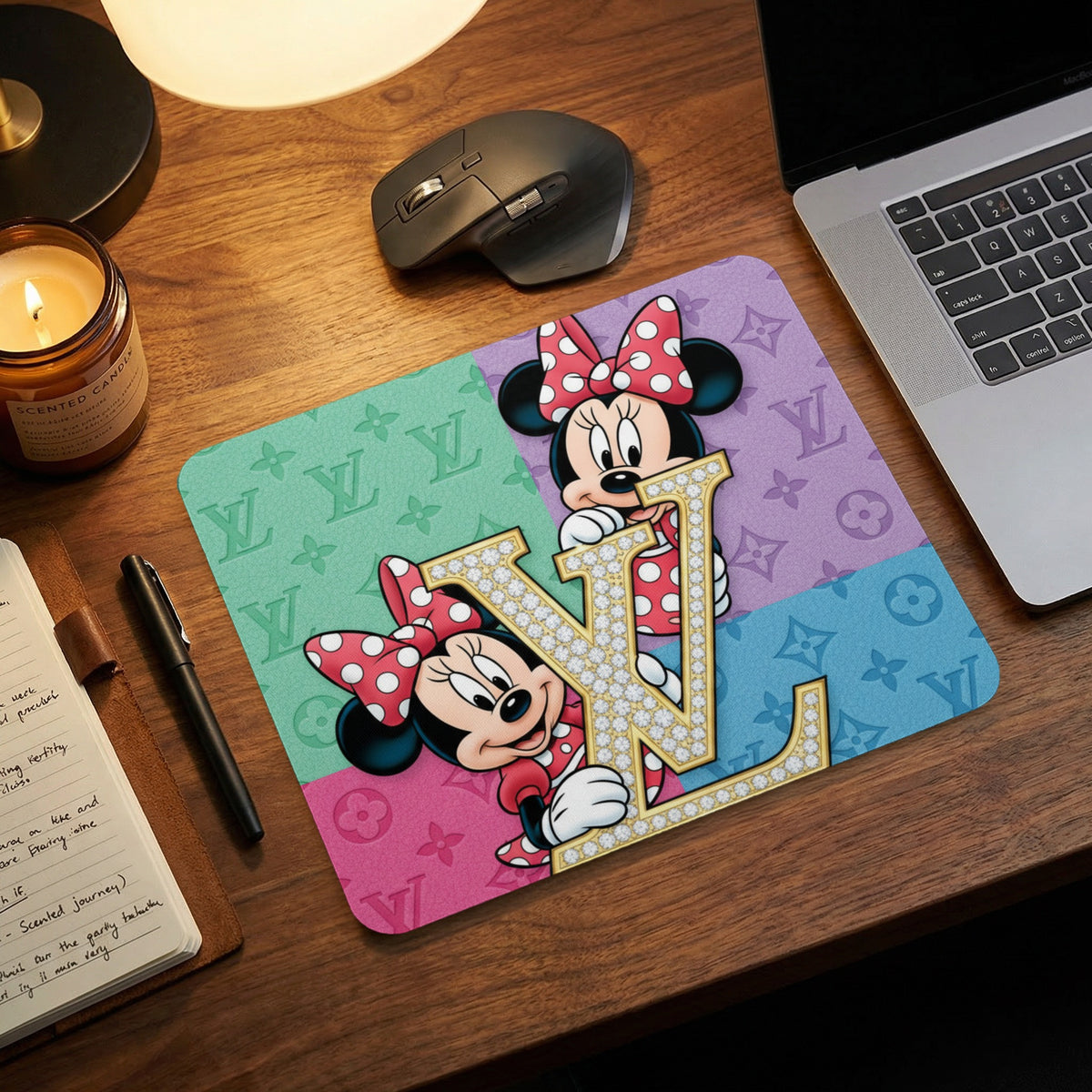 Minnie Mouse on a colorful mousepad with diamond-encrusted LV logo.