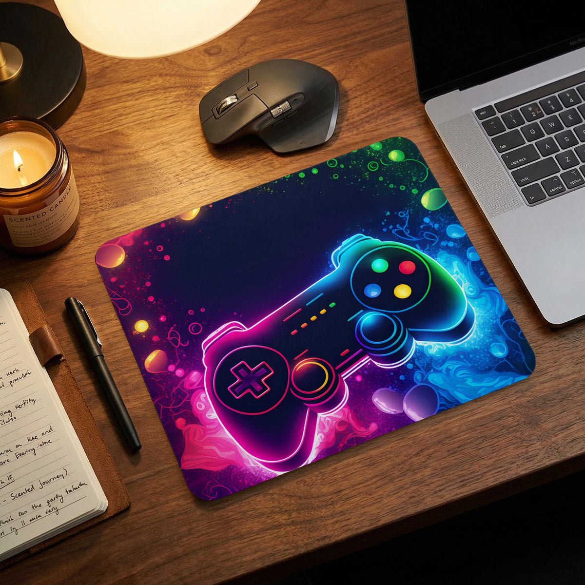 A gaming mouse pad featuring a glowing neon controller on a desk with a laptop and mouse.