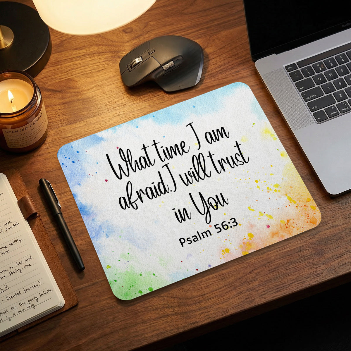 A rectangular mouse pad with a watercolor background and the black text Psalm 56:3.