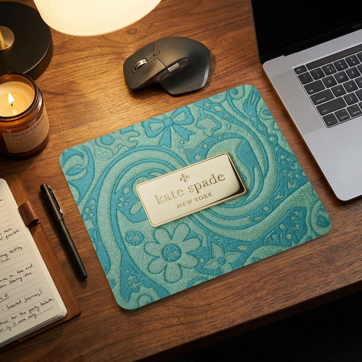 Kate Spade New York mousepad with a gold logo on a blue patterned surface.
