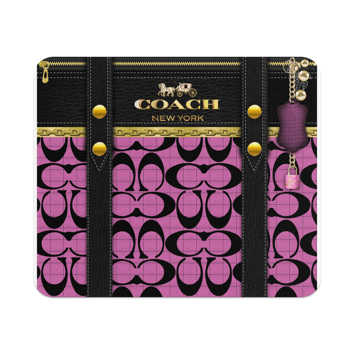 Coach New York logo on black leather with pink interlocking "C" pattern and charm.