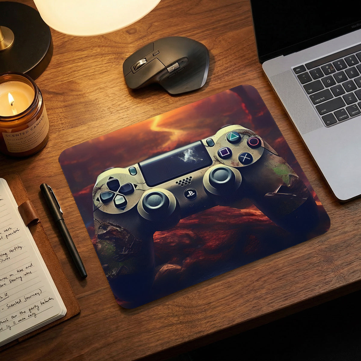 A gaming mouse pad featuring a weathered game controller graphic sits on a wooden desk next to a laptop.