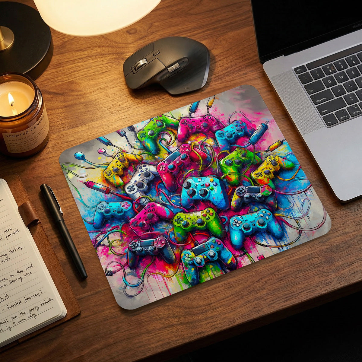 A mousepad featuring a colorful, abstract illustration of various video game controllers on a wooden desk.