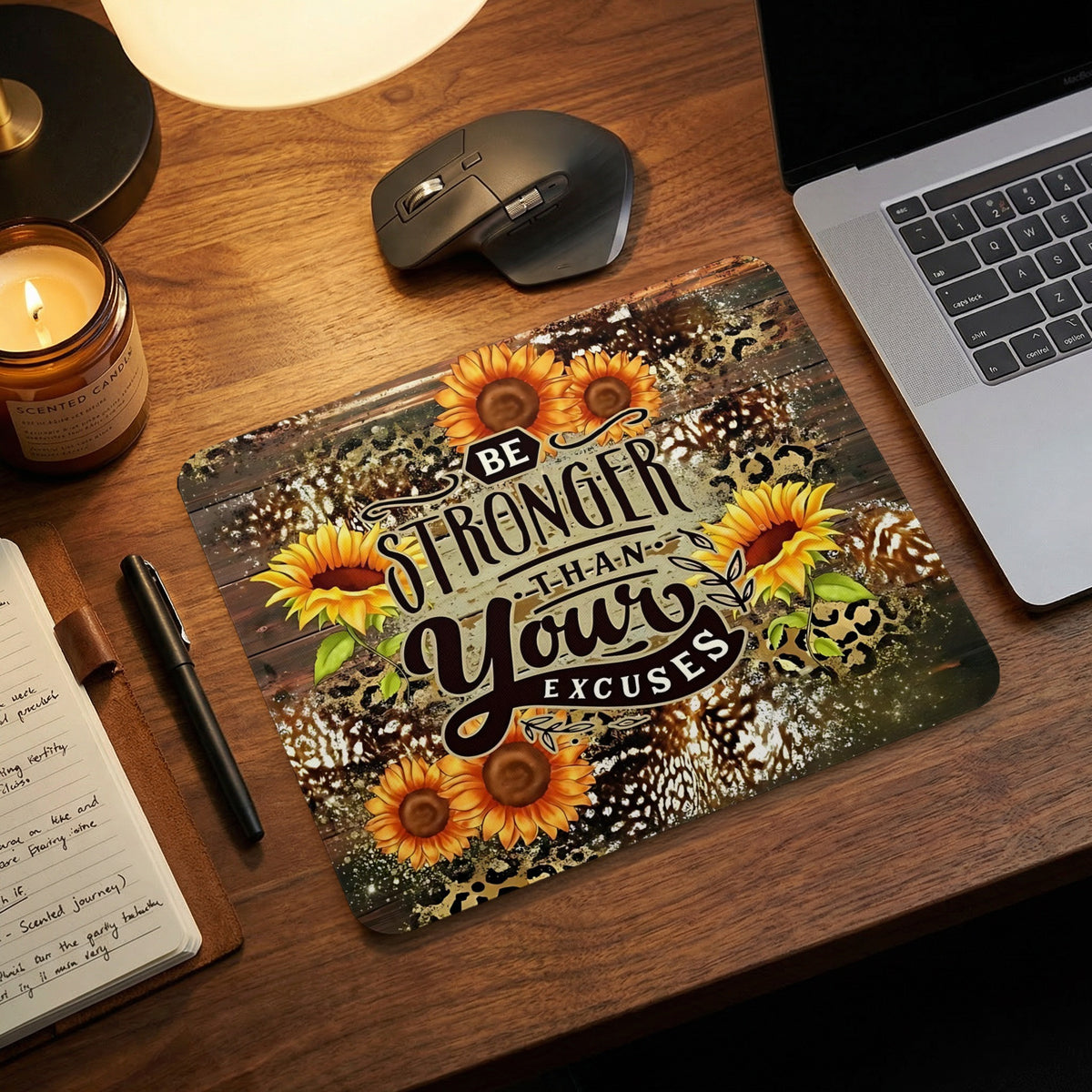 Mousepad with sunflowers, leopard print, and text "Be Stronger Than Your Excuses".