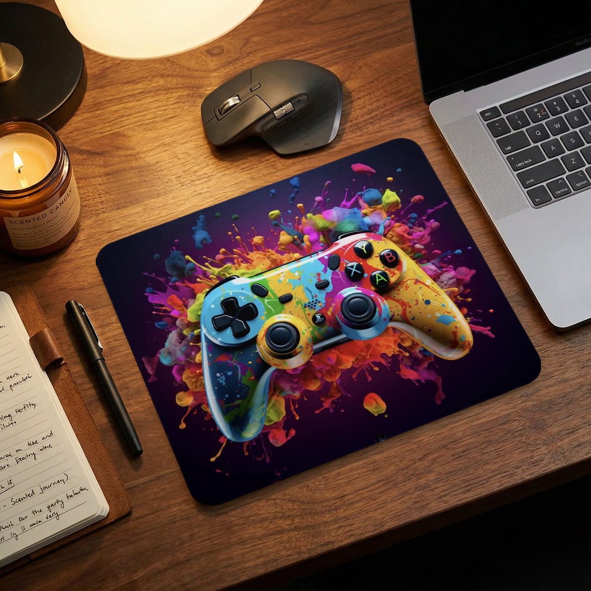 An angled mouse pad features a colorful, paint-splattered video game controller on a wooden desk.