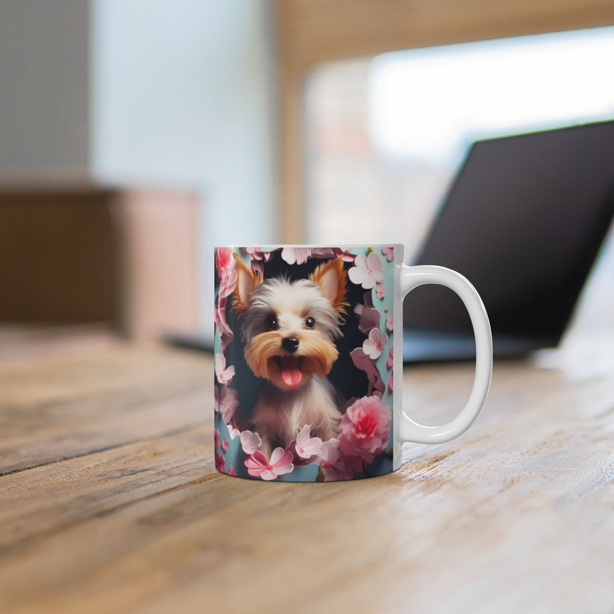 Cute Yorkie Dog with Flower Background Mug