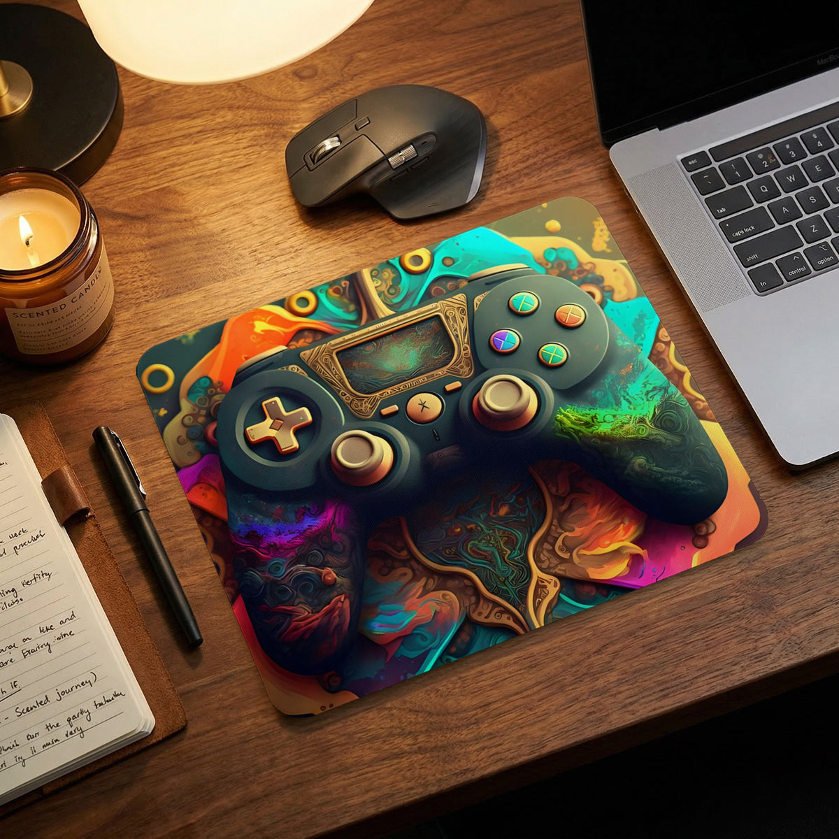A colorful gaming mousepad featuring an abstract gamepad illustration, displayed on a wooden desk with a laptop and mouse.